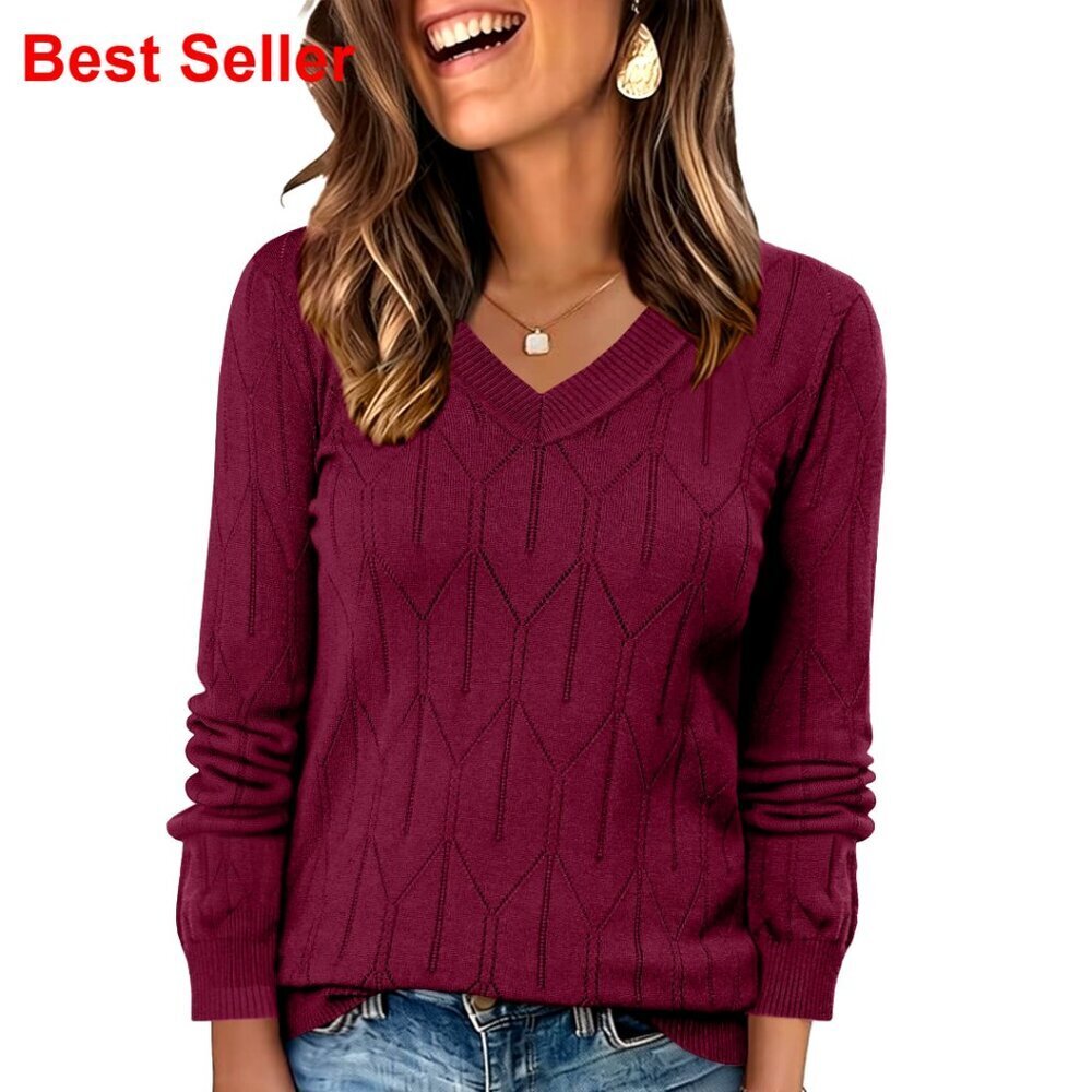 V-Neck Pullover Sweater Hollow Out Design Long Sleeve Knit Top Women's
